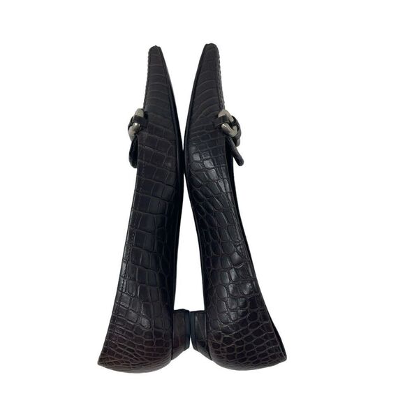 Prada 37 Leather Pointy Toe Brown Low Block Heel Pumps Metal Italy Womens - Picture 9 of 14